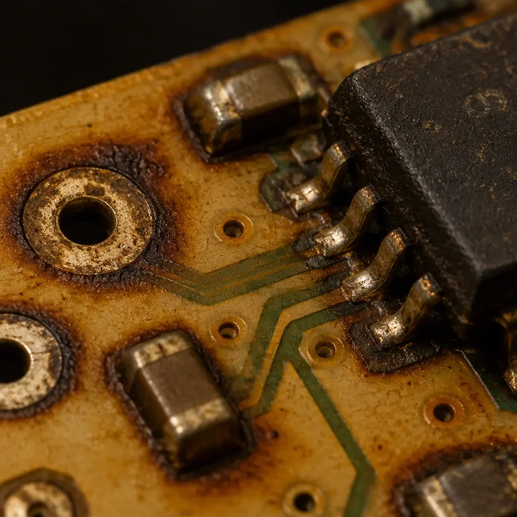 Photorealistic macro image of an aged PCB surface with a subtle patina and darkened solder mask at the edges of pads, showing fine detail of material change after prolonged high-temperature exposure