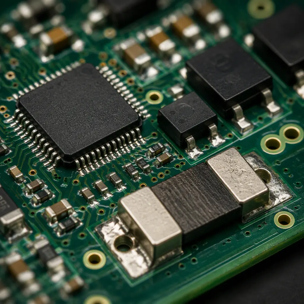 Macro photograph of a small, dense robot joint actuator control board with a three-phase gate driver, MOSFET power stage and current-sense shunt