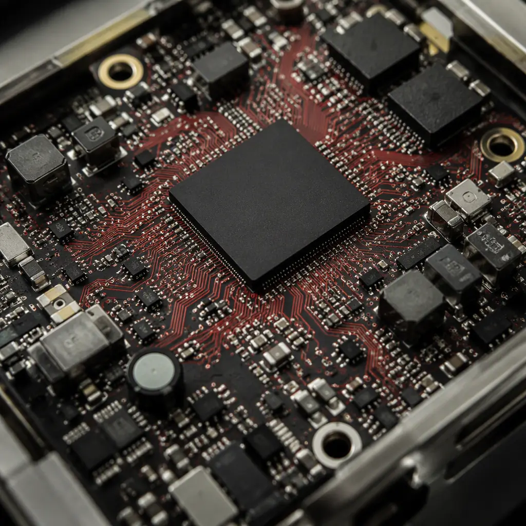 Close-up of a humanoid robot central compute board showing a high-layer stackup with dense differential pair routing and multiple power planes