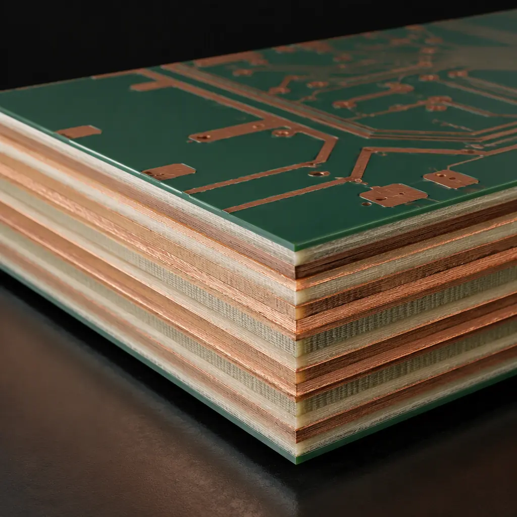 3D render of a PCB stackup showing rigid laminate layers with a copper circuit layer and smooth precision surfaces