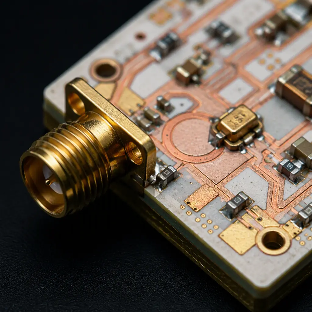 Macro photograph of a high-frequency RF circuit board with a gold RF connector and fine copper traces on a hybrid substrate