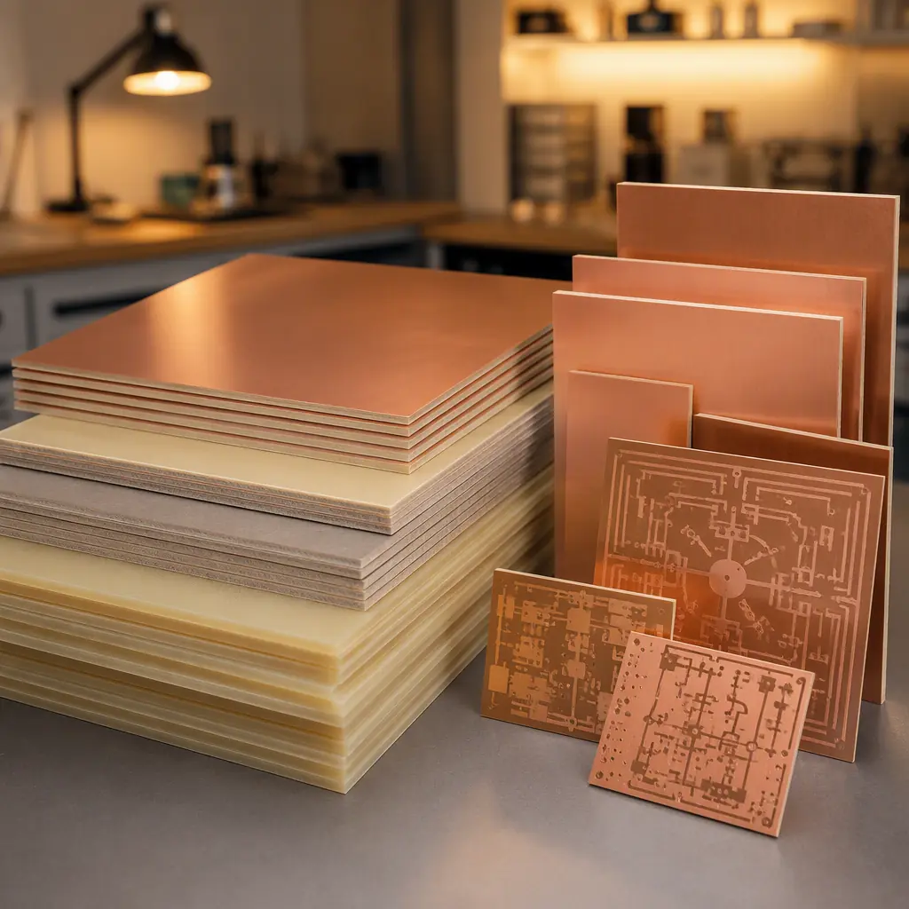 RF PCB laminate raw sheets and copper-clad panels arranged in a clean electronics workshop