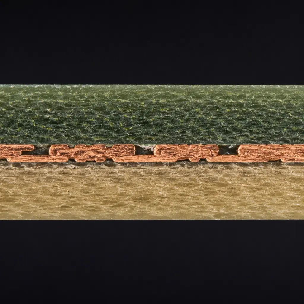 Macro cross-section edge view of a hybrid multilayer PCB showing two contrasting laminate materials with a copper circuit layer between them
