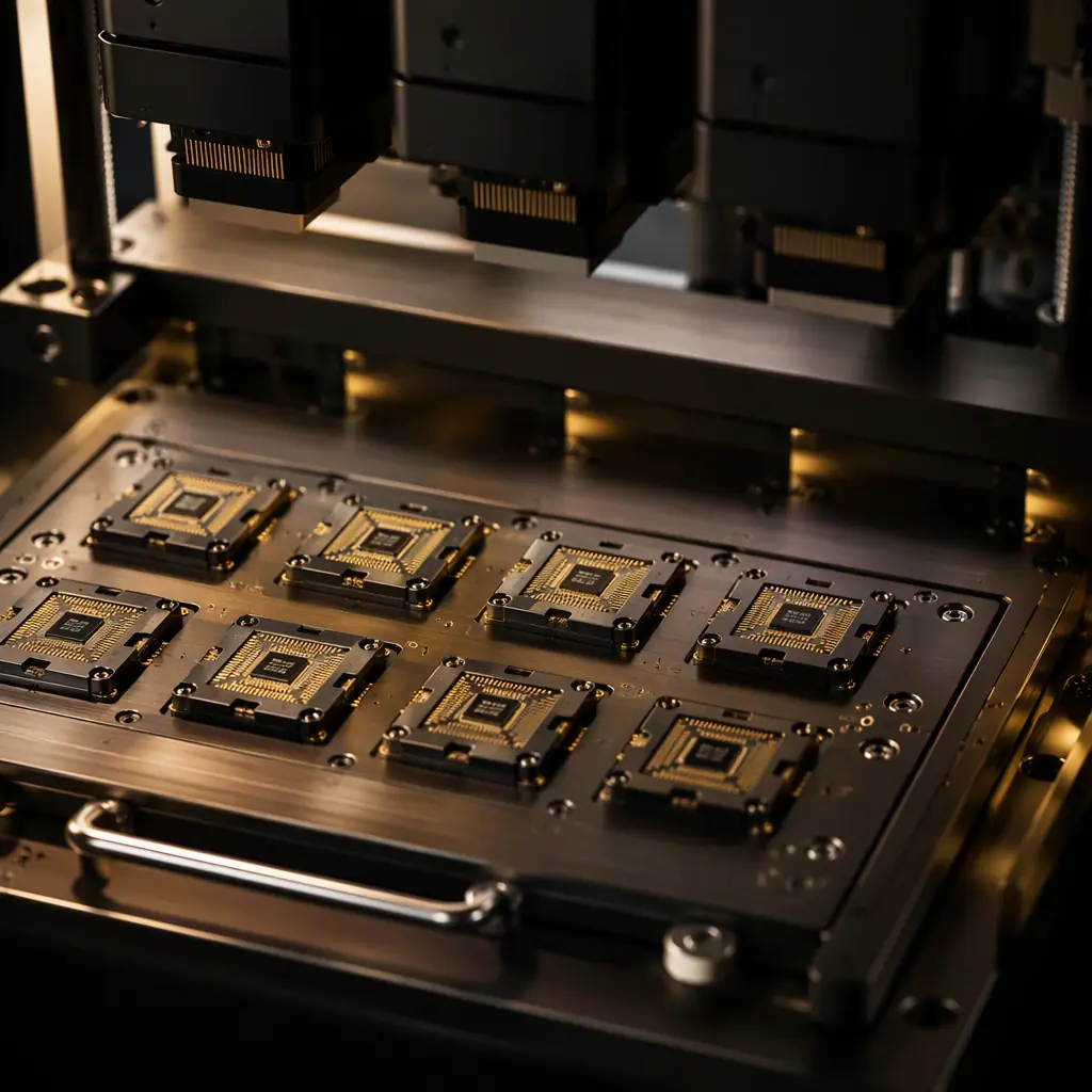 Macro photograph of a gang programmer with multiple QFN packages seated in sockets