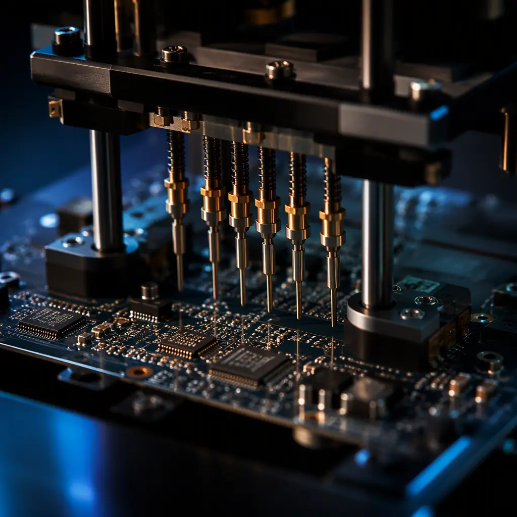 Photorealistic macro photo of a PCBA programming station with a probe fixture touching a microcontroller on an assembled board