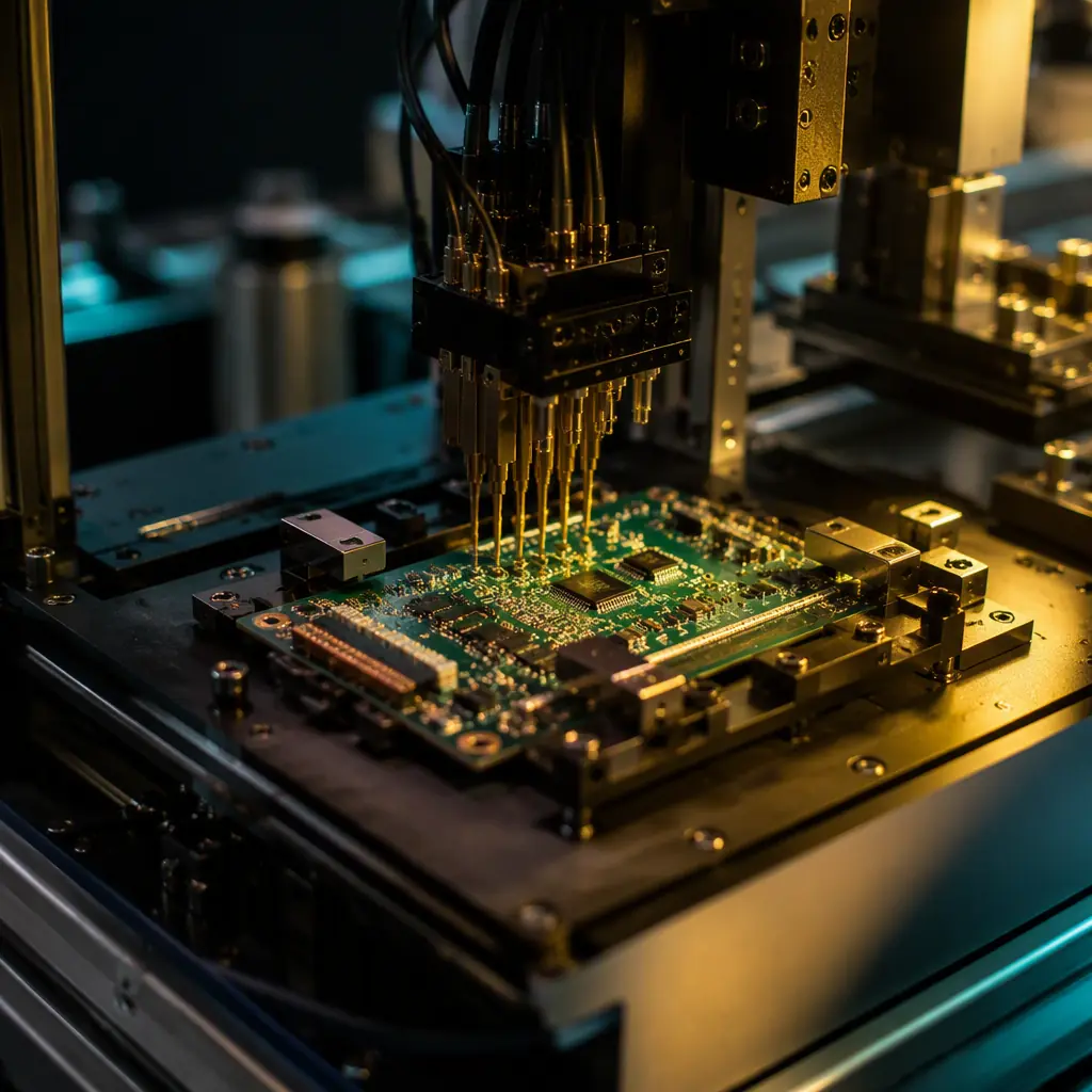 Photorealistic photo of an automated test fixture verifying programmed microcontroller firmware on an assembled board