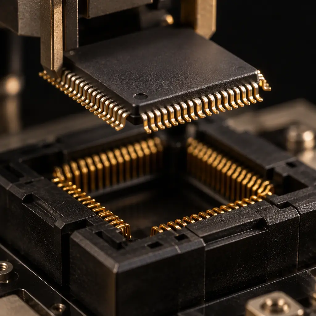 Macro photograph of a programmed flash memory device seated in a socket programmer inside a factory, gold contact pins visible and a status LED glowing