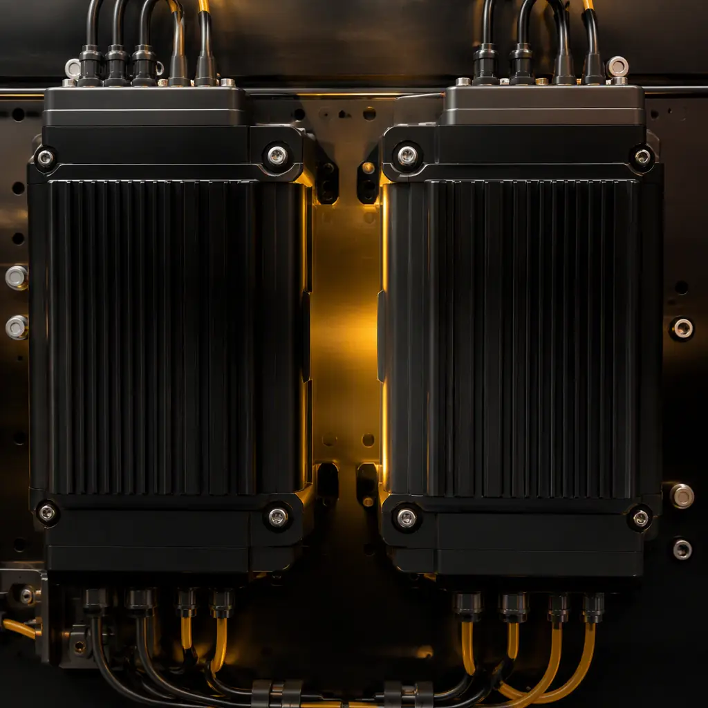 Photorealistic render of dual redundant processor channel modules on a safety instrumented PCB with isolation barriers between them