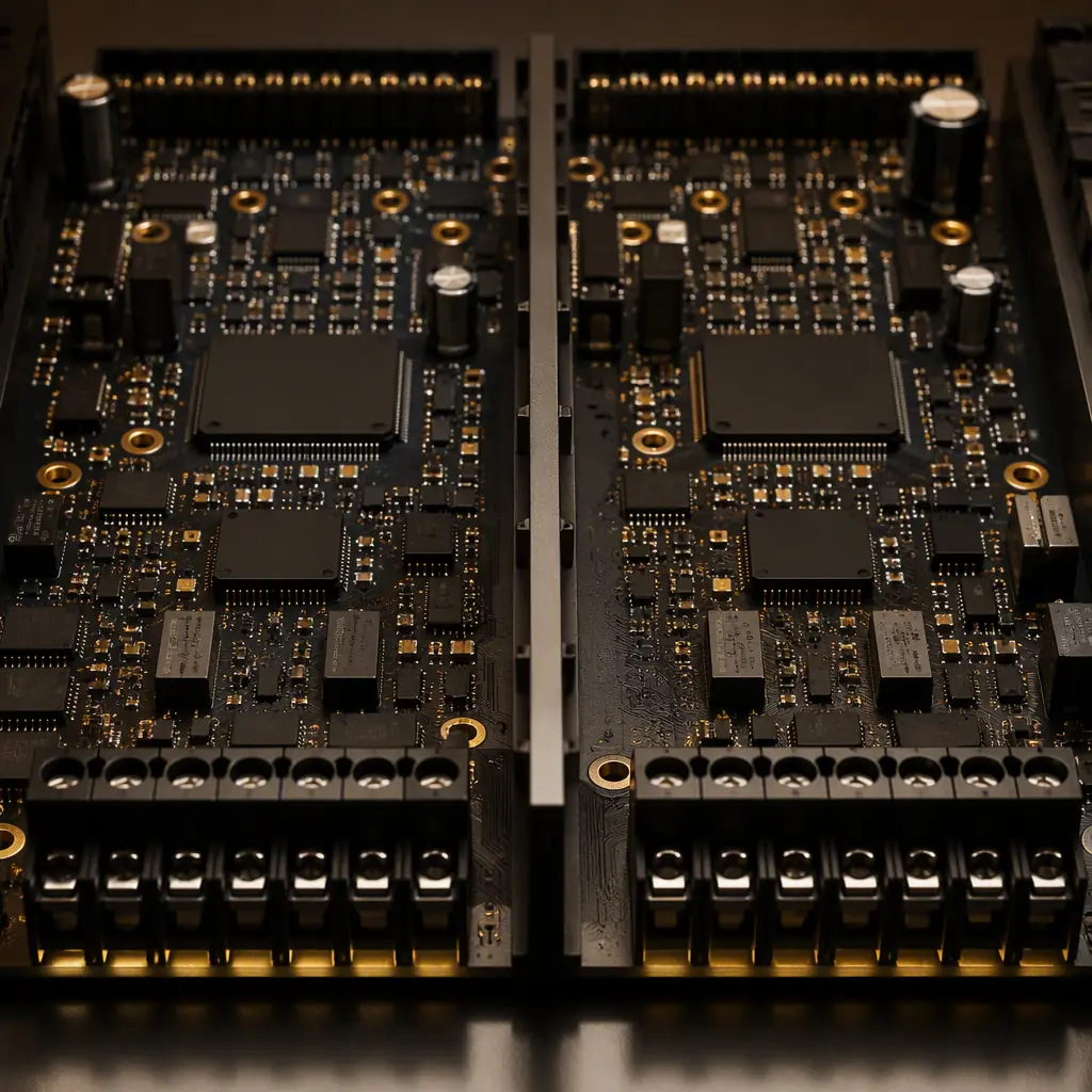 Photorealistic render of a safety PLC controller board with redundant processor channels and conformal coated industrial electronics