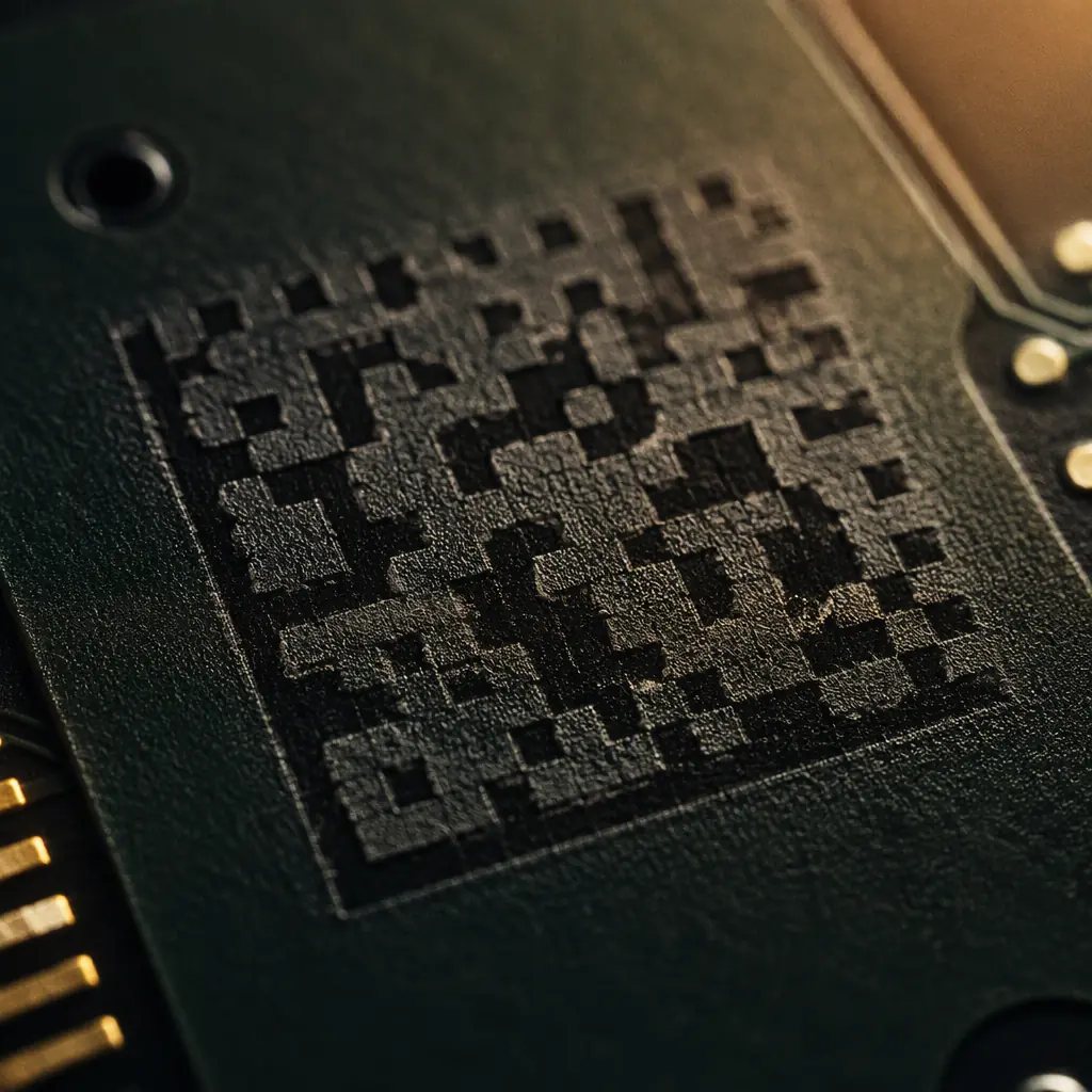 Macro photography of laser marked serial number and data matrix code on a safety critical industrial PCB