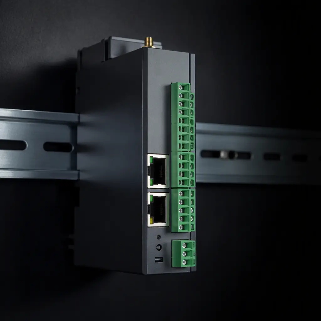 Photorealistic render of a DIN-rail industrial IoT gateway device with Ethernet and serial ports