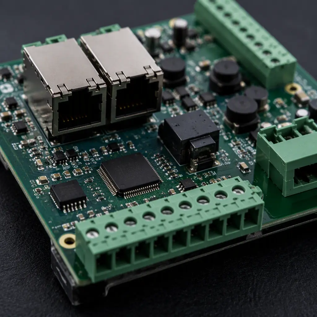 Close-up of a mixed-signal gateway board with Ethernet magnetics and terminal blocks