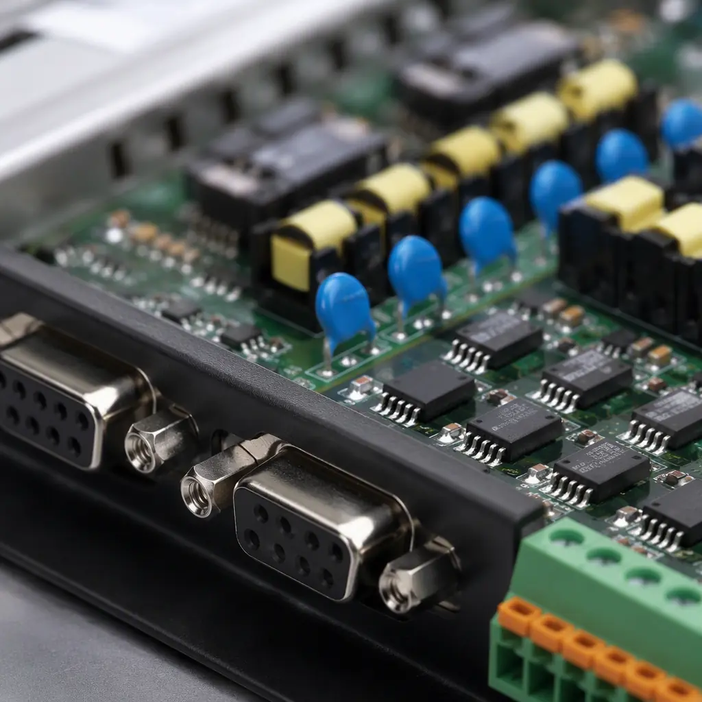 Macro photo of fieldbus connectors and signal isolation on an industrial gateway board