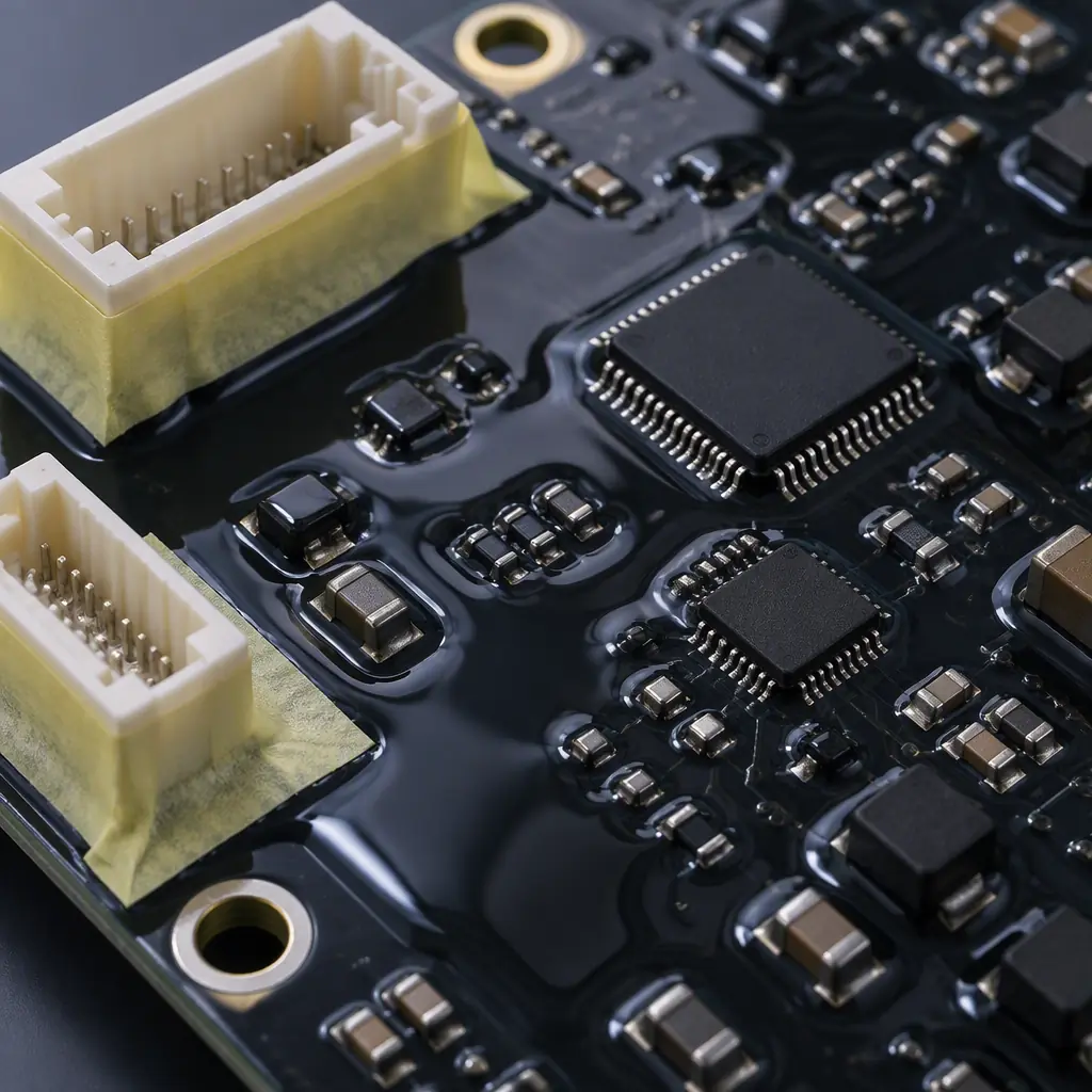 Macro photograph of a coated server PCB assembly with connectors masked, prepared for immersion cooling