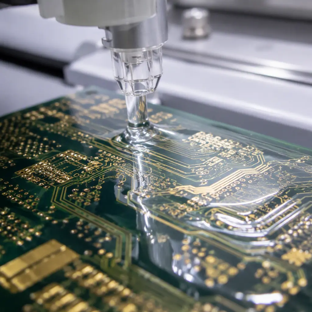 Close-up of a PCB being coated with a thin transparent protective layer in a cleanroom coating process