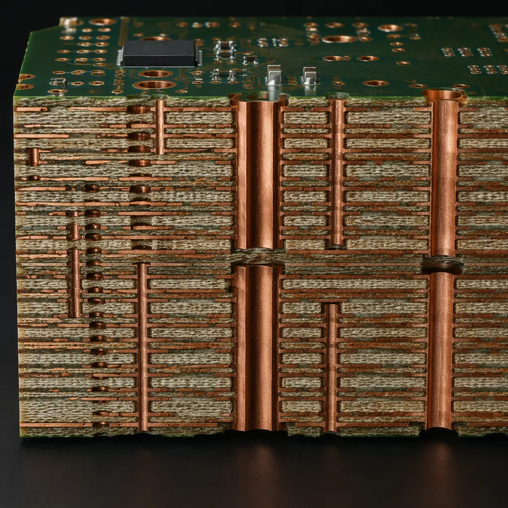 Macro photo of a multilayer PCB laminate cross-section showing dense copper layers and glass weave structure