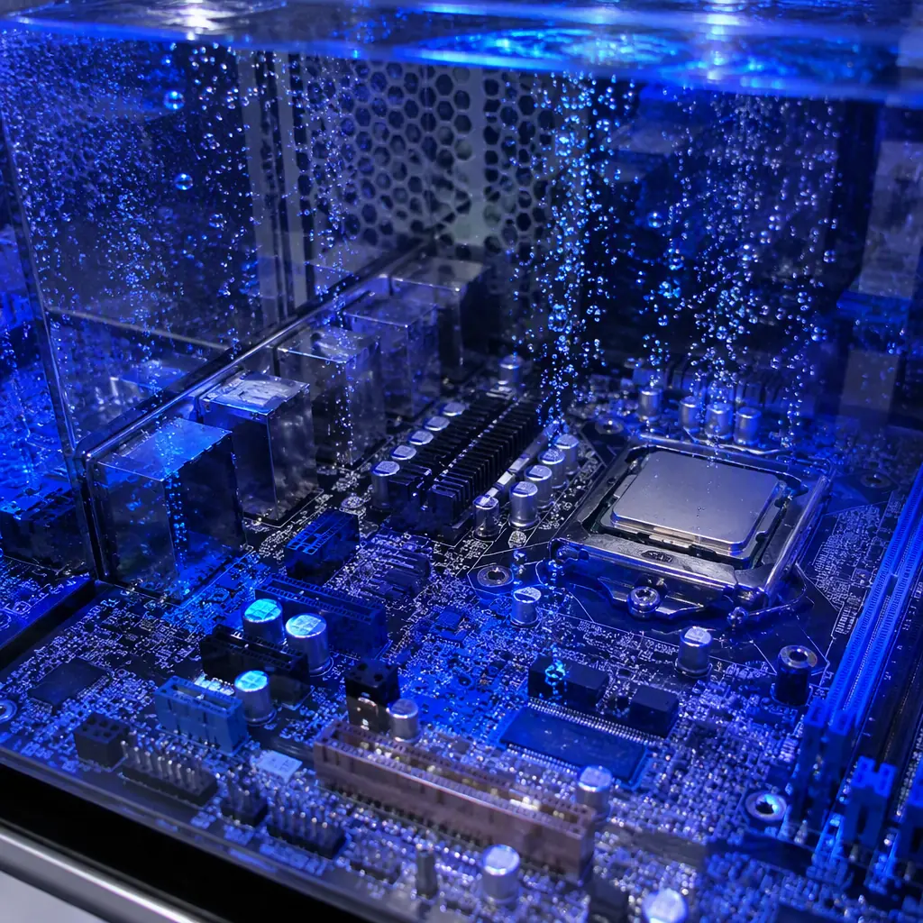 Server boards submerged in a clear dielectric fluid tank inside a data center immersion cooling system