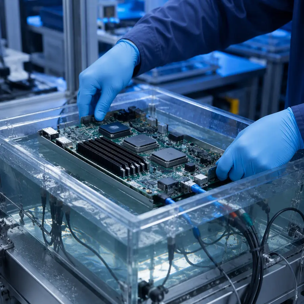 Engineer inspecting an immersion-cooled server board during fluid soak qualification testing in a lab