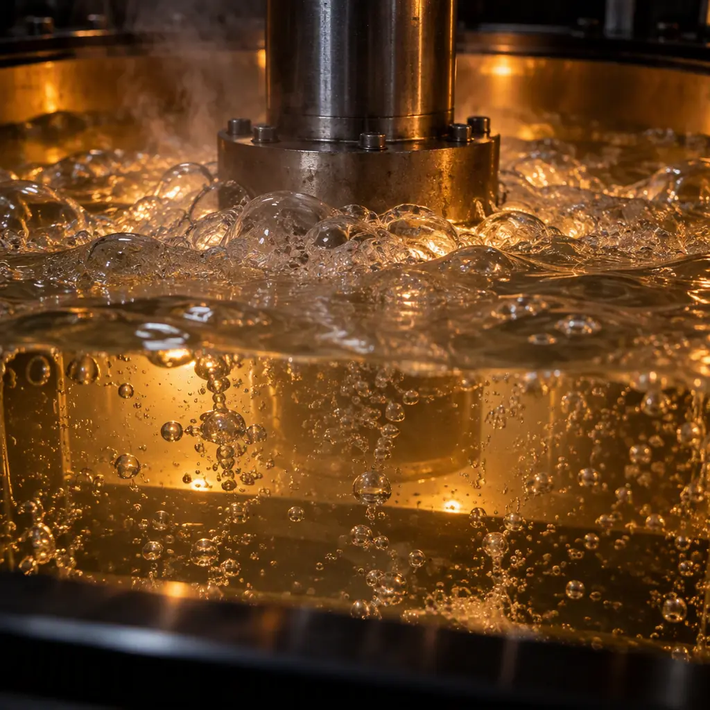Photorealistic view of a server board immersed in boiling dielectric fluid with vapour bubbles rising