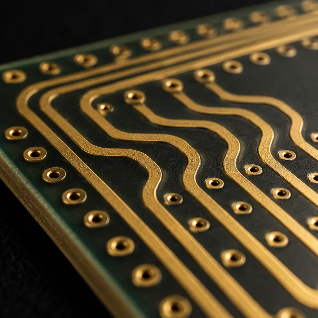 Photorealistic macro photograph of controlled-impedance test traces on a bare printed circuit board coupon strip with ground fencing