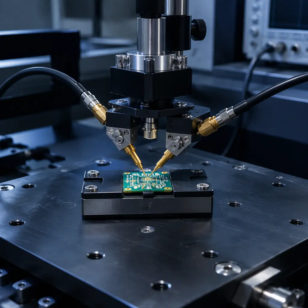 Photograph of a time-domain reflectometry measurement station with a probe fixture positioned over an impedance coupon on a dark bench