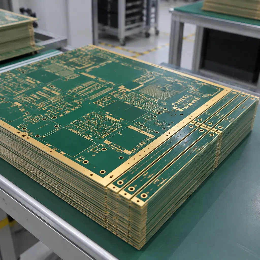 Photograph of bare printed circuit board panels with impedance coupon strips along the edge stacked in a fabrication inspection area