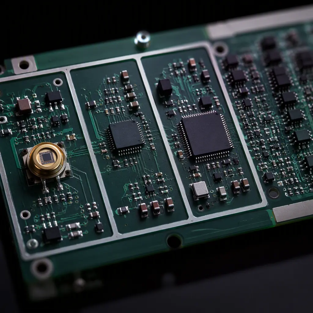 Macro shot of the analogue sensor front-end of an IAQ monitor with a photodiode, op-amp and high-precision ADC carefully routed away from digital circuits
