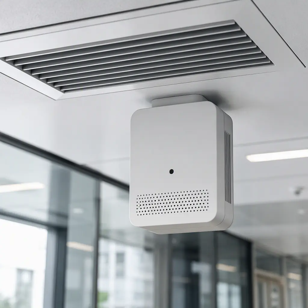 Indoor air quality monitor installed in a building VAV system with visible sensor vents and airflow routing into the device