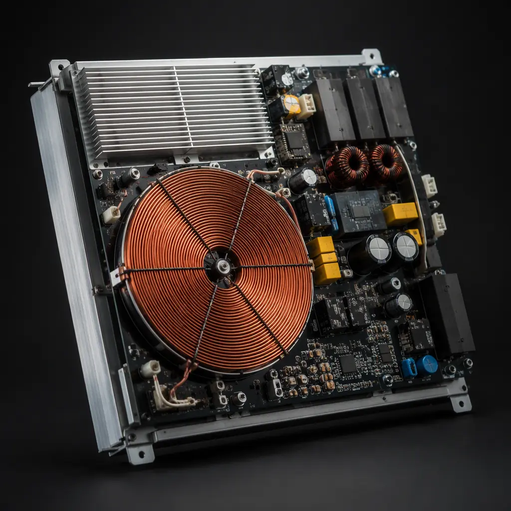 Photorealistic render of an IGBT induction cooktop power board with a large copper coil pad and heatsink