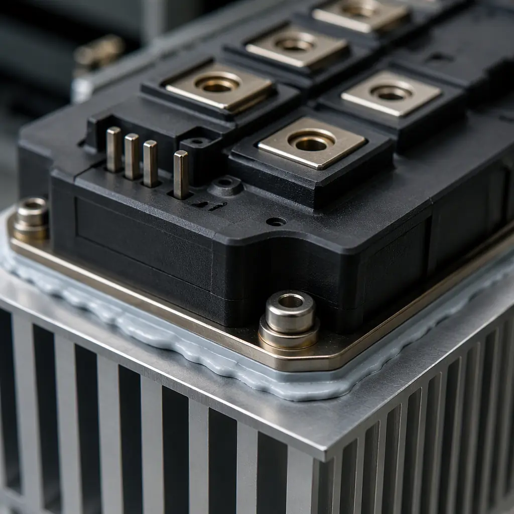 Macro photo of an IGBT power module mounted on a heatsink with a large thermal interface pad