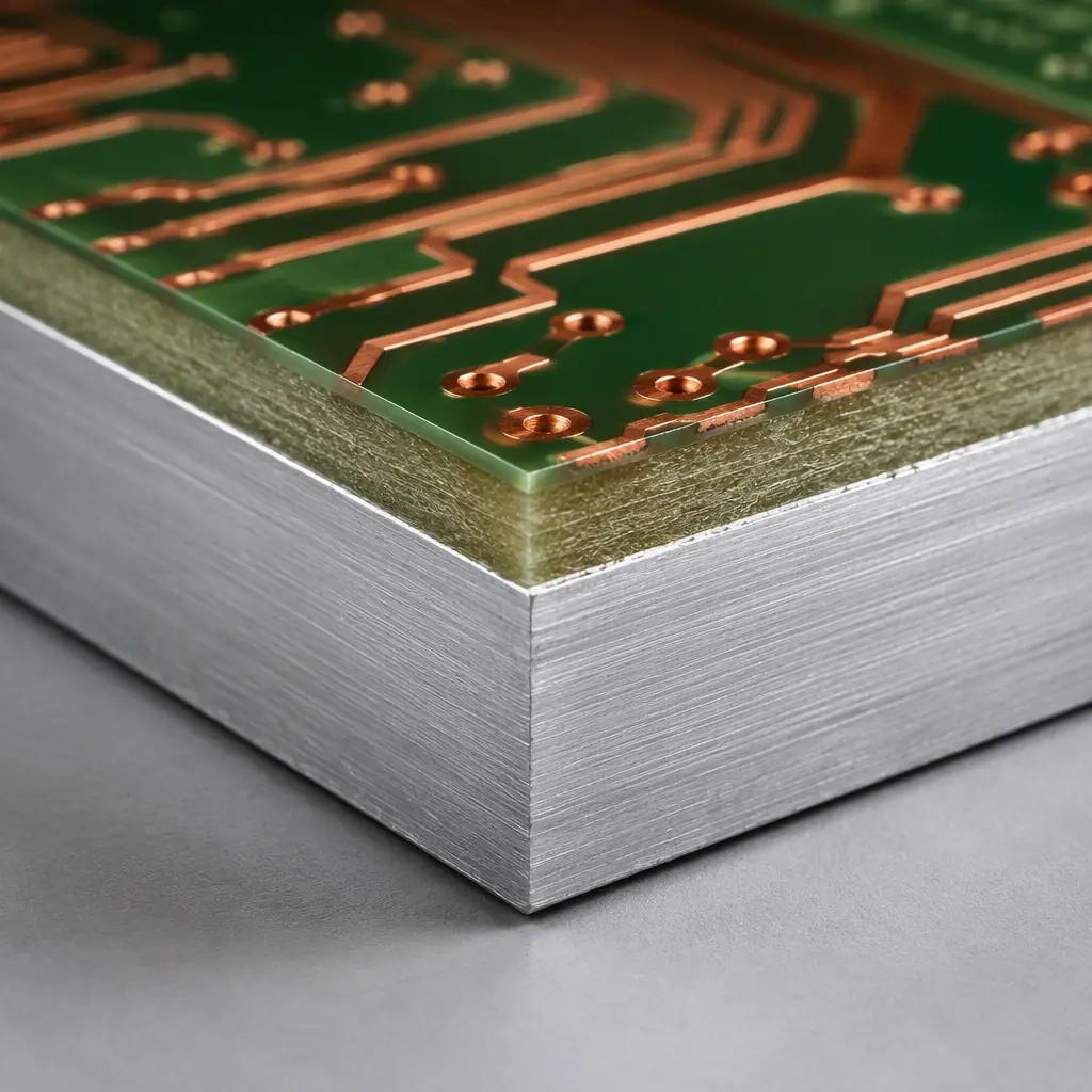 Cross-section 3D render of a metal-core PCB showing the aluminium base and copper layers