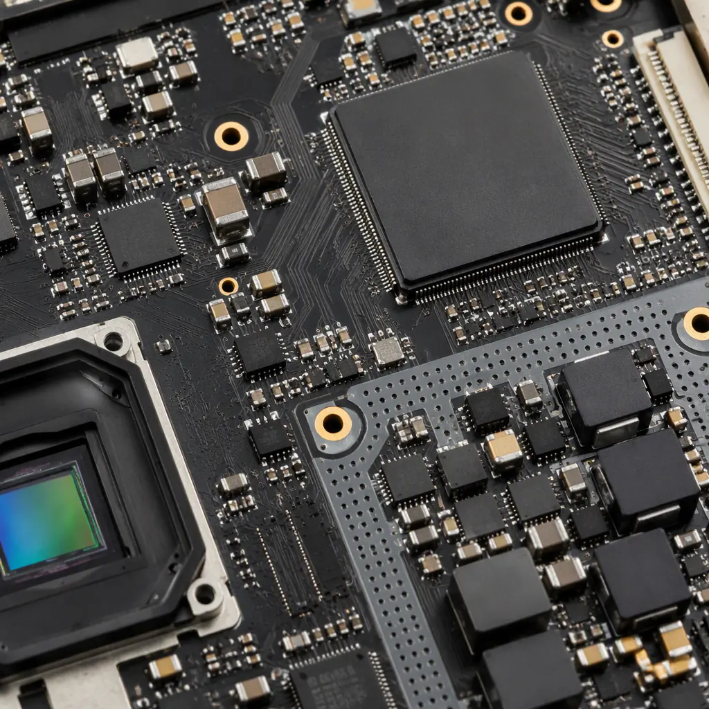 Macro photograph of a dense FPGA and sensor area on an industrial camera PCB showing fine trace routing and thermal vias