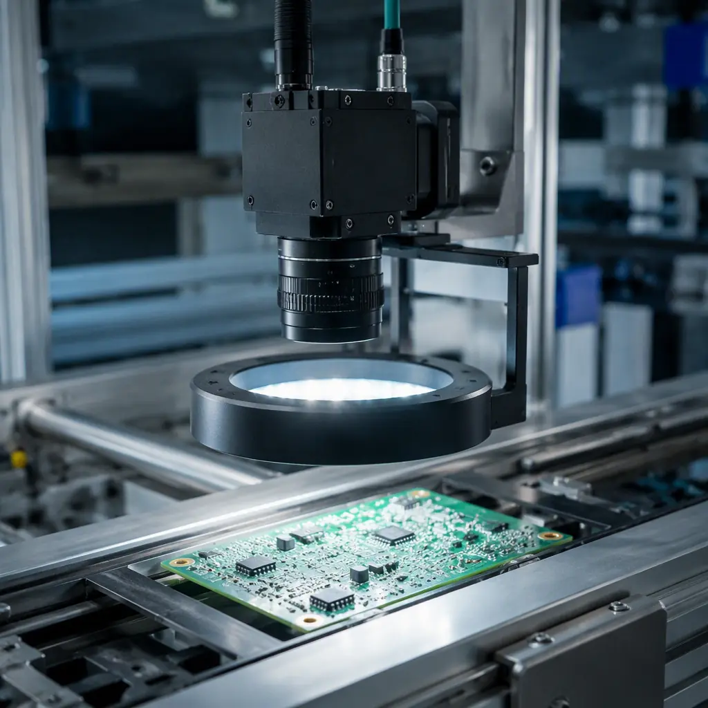 Industrial machine vision camera on an inspection station with controlled lighting showing a board being inspected for defects