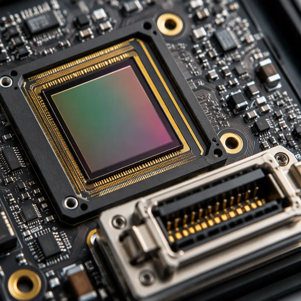 Close-up of an industrial machine vision camera board with a global-shutter image sensor, M12 lens mount and locking industrial connector