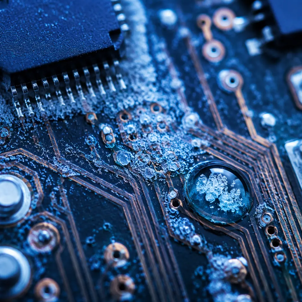 Close-up macro photograph of PCB surface showing flux residue and solder paste remnants under blue industrial lighting, electronic circuit board cleanliness inspection