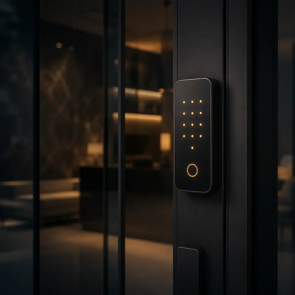 Concept photo of a smart lock and access control panel in a modern building with a subtle glowing security indicator