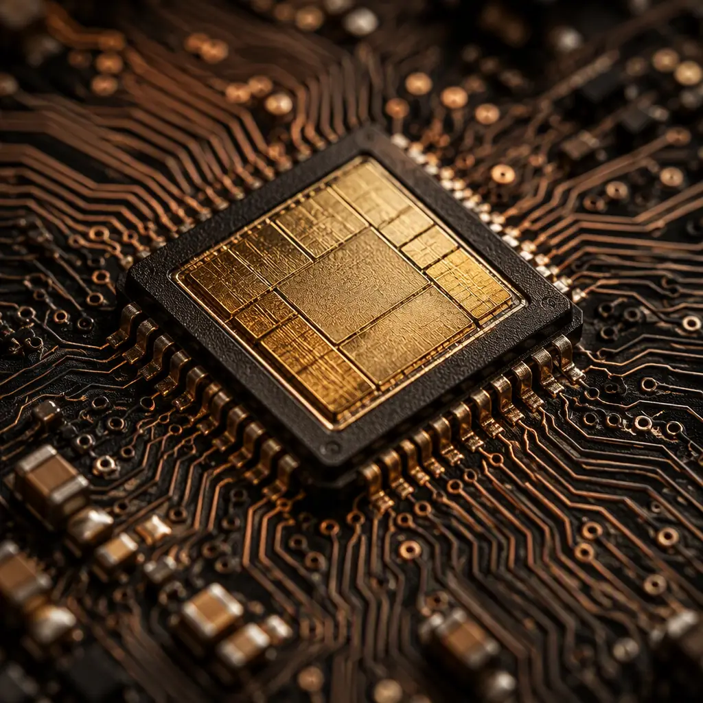 Macro photo of a secure element IC with surrounding tamper detection traces on a security-focused IoT module PCB