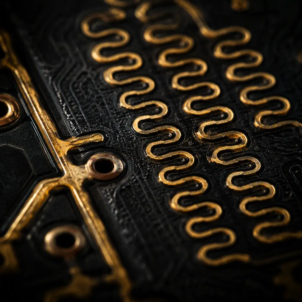Close-up of fine serpentine tamper detection traces on a PCB surface covering a secure microcontroller area