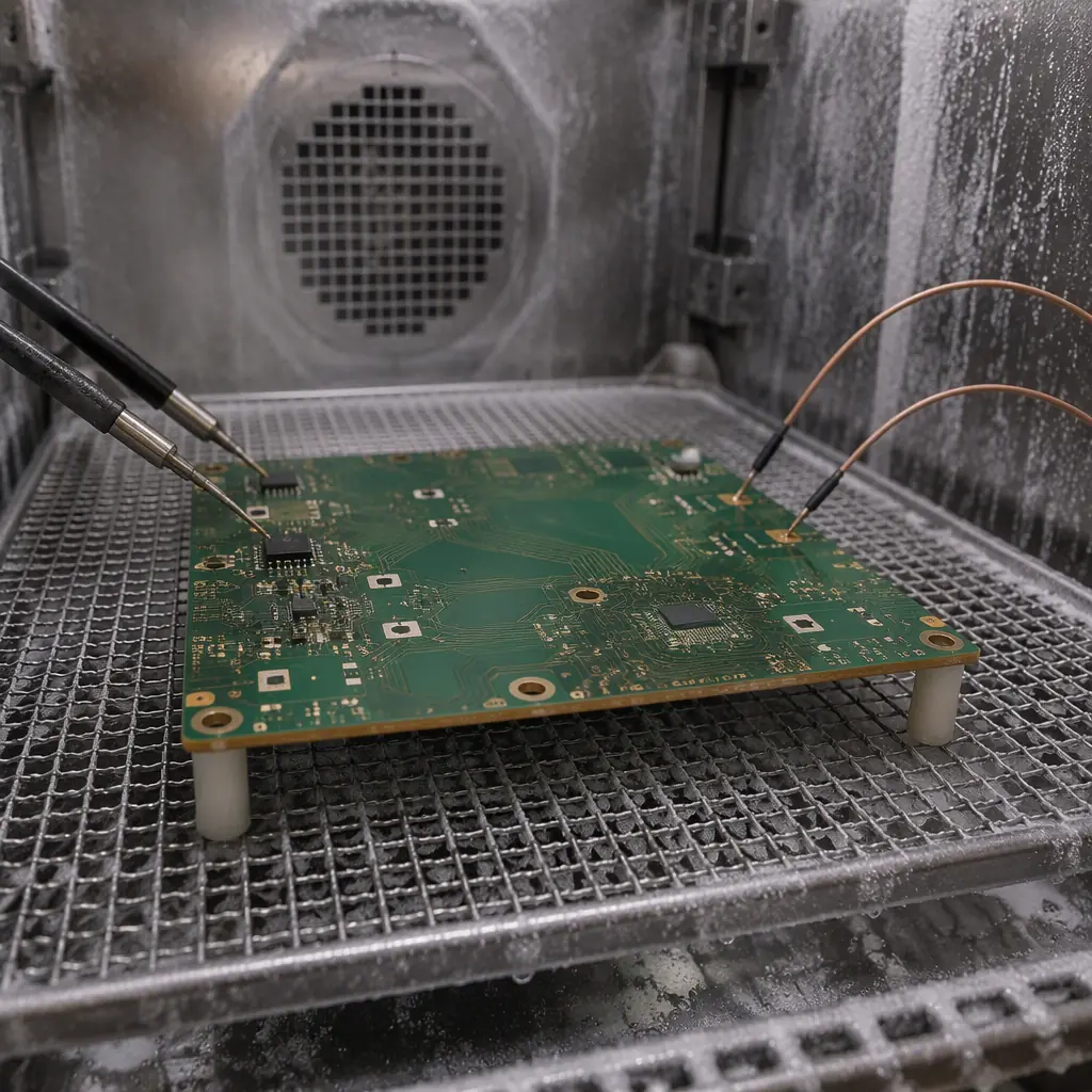 Close-up of a bare rigid PCB in a thermal cycle test chamber, showing a board under temperature stress with probes attached