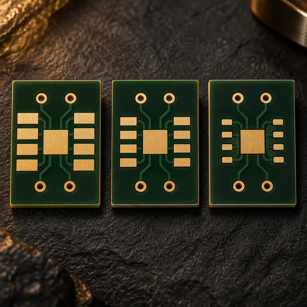 Three bare PCB coupons showing the same component footprint in three different pad sizes and clearances