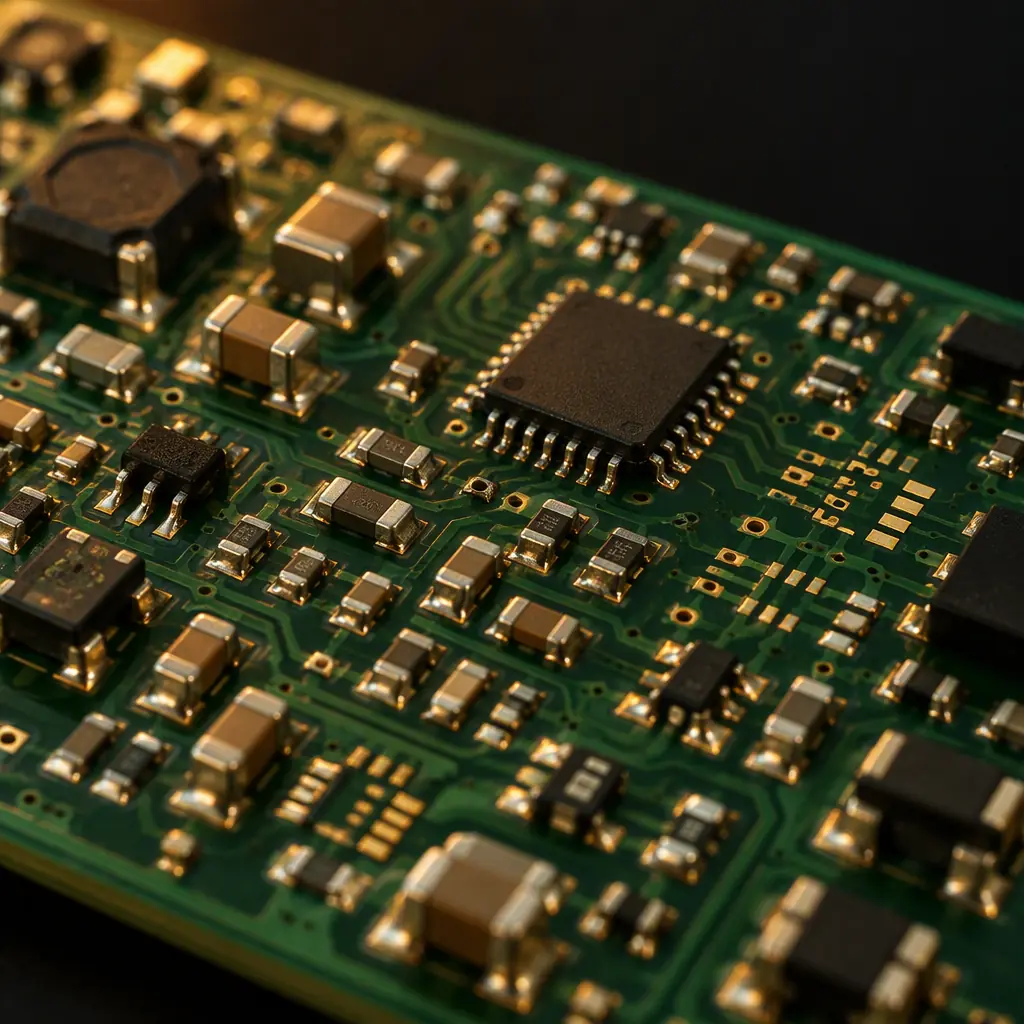 Assembled PCB surface with multiple SMD footprints of different pad sizes and soldered chip components
