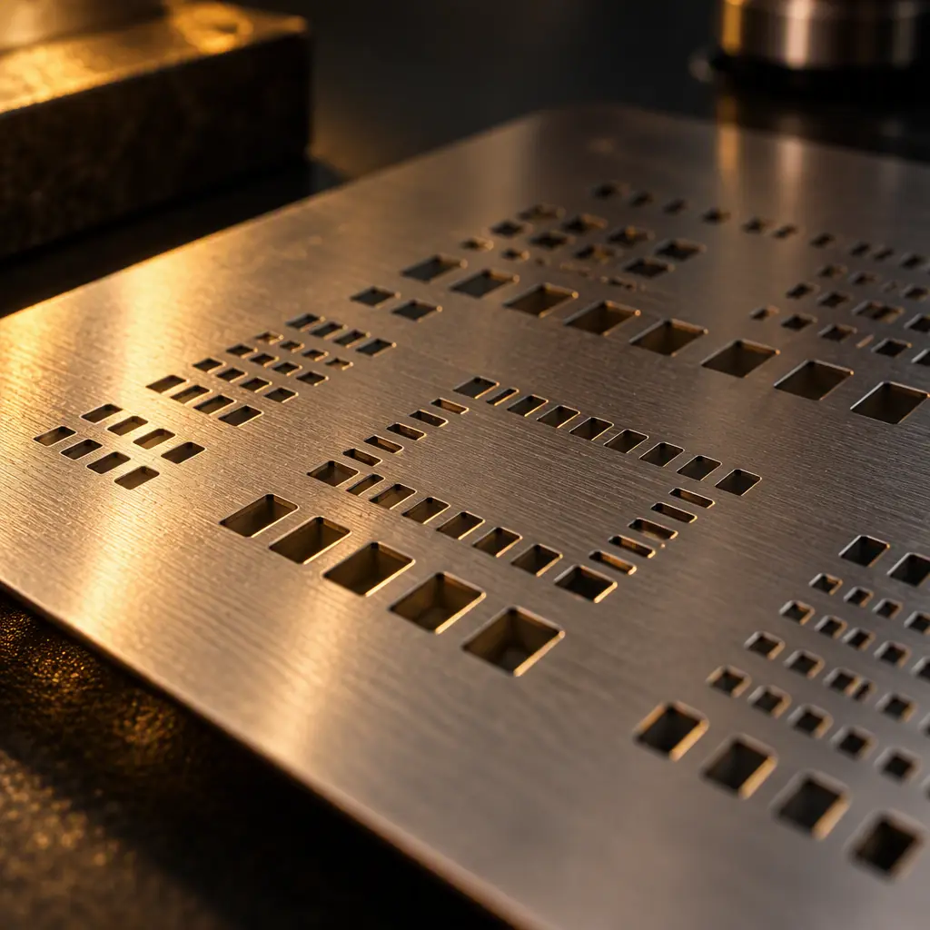 Stainless steel SMT stencil with laser-cut rectangular apertures seen at a low angle