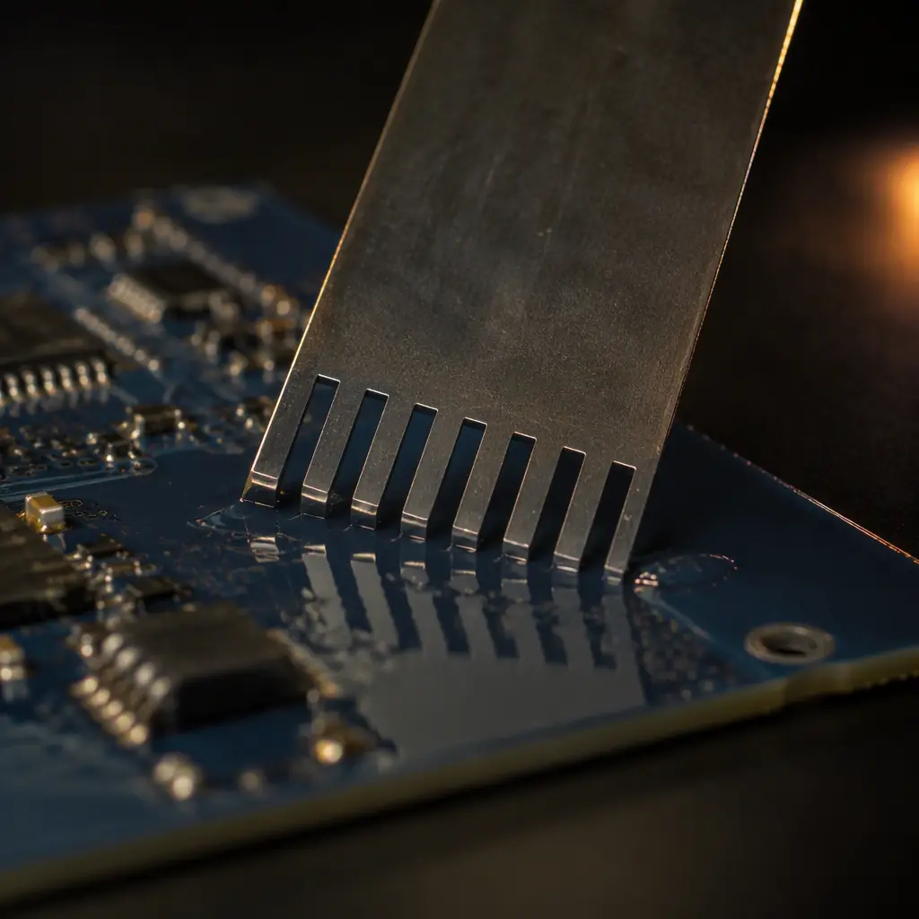 Photorealistic macro of a conformal coated PCB showing a uniform glossy polymer film with a thickness gauge comb pressed into the wet coating