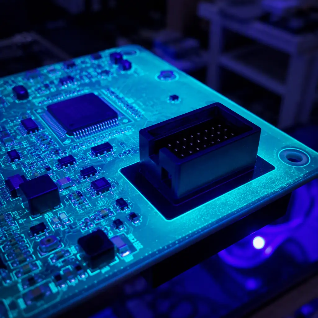 Macro photo of a conformal coated PCB under UV illumination showing fluorescing polymer coverage and a dark uncoated keep-out zone around a connector