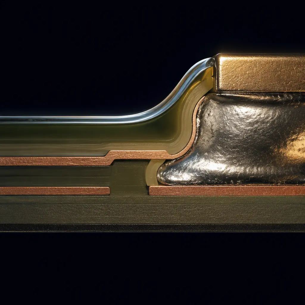 Photorealistic 3D cross-section render of a conformal coated PCB showing a uniform polymer layer over a solder joint and copper trace beneath