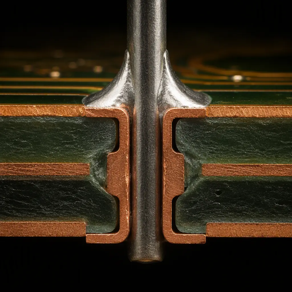 Photorealistic 3D cross-section of a soldered through-hole joint showing copper barrel, solder fillet and lead merging