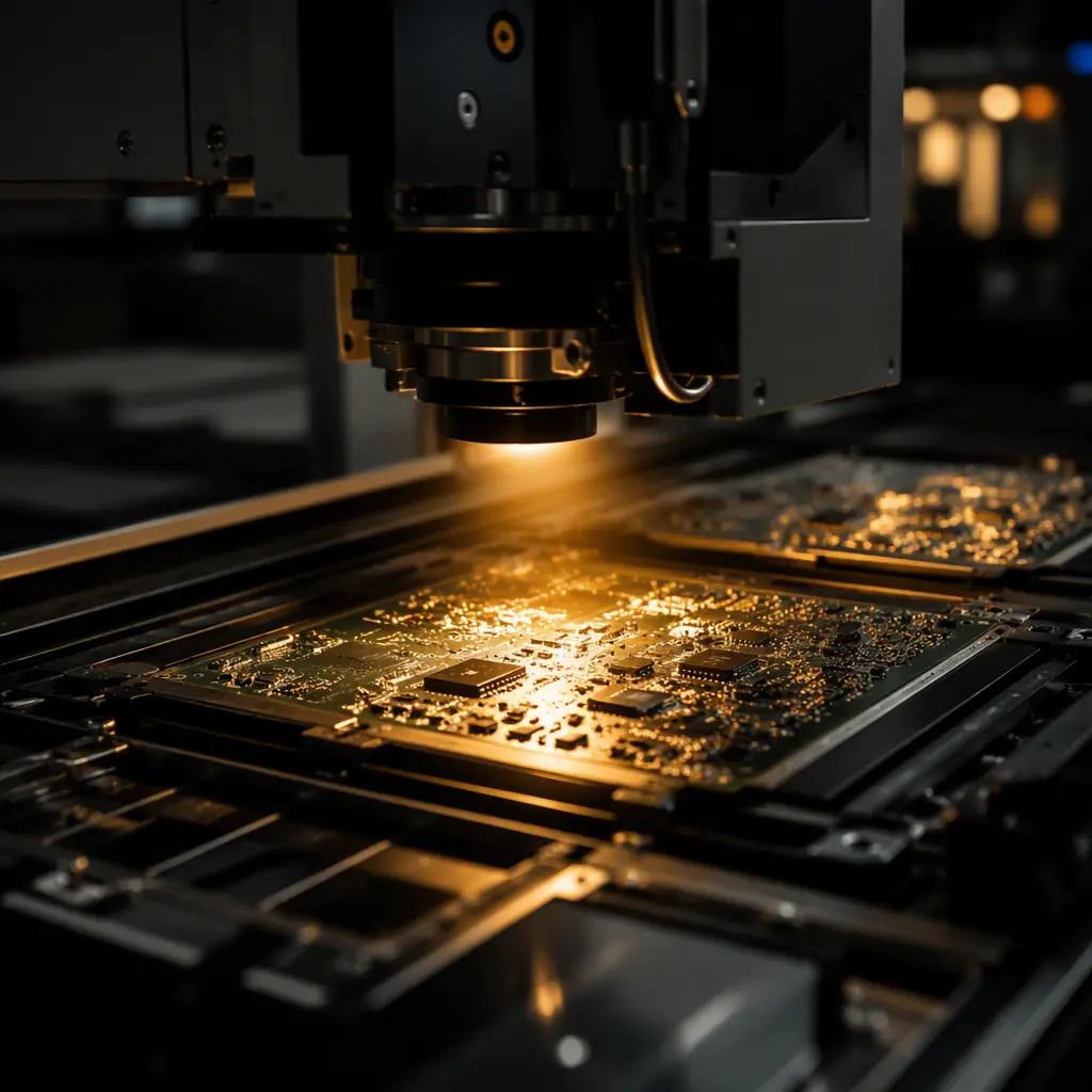 Automated optical inspection machine scanning assembled circuit boards in a dark factory with amber lighting