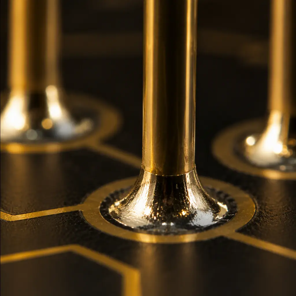 Macro view of through-hole solder joint fillets with glossy gold solder cones meeting IPC-A-610 wetting criteria