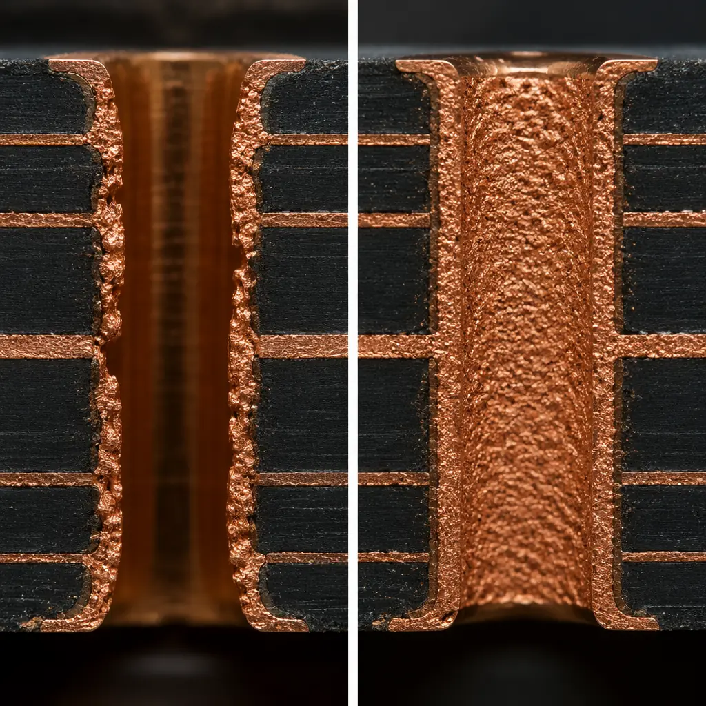 Cross-section view comparing IPC Class 2 and Class 3 solder joint fill requirements