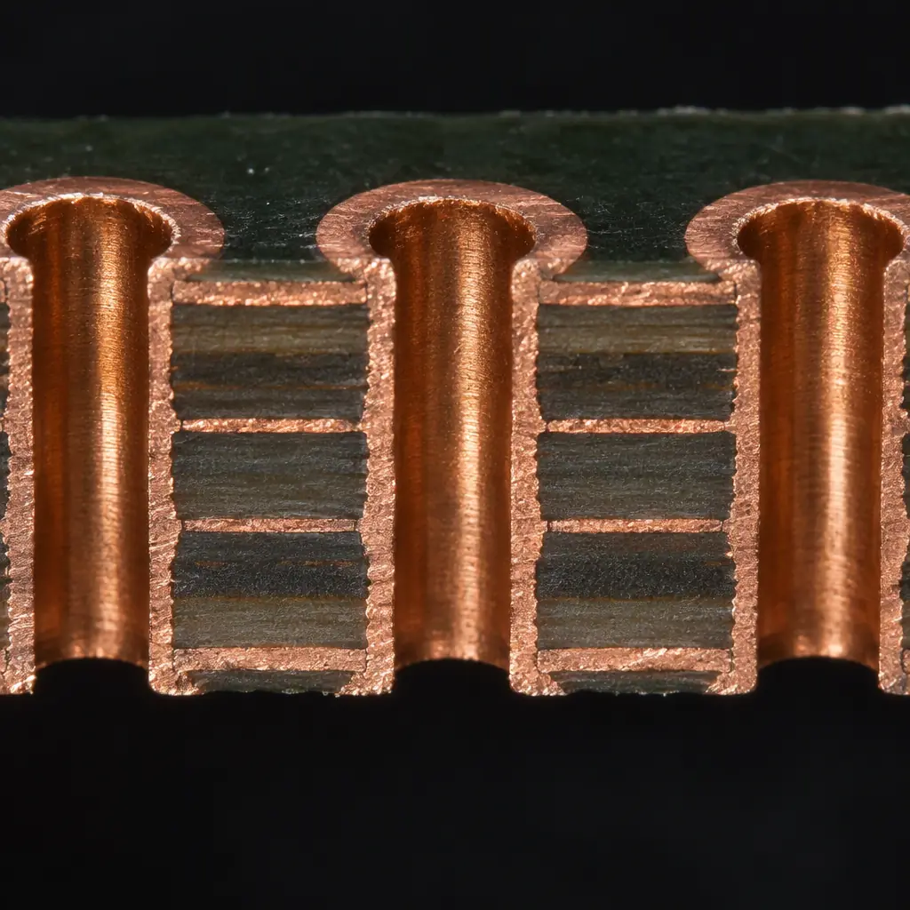High-magnification view of drilled plated through-holes in a multilayer PCB with copper annular rings